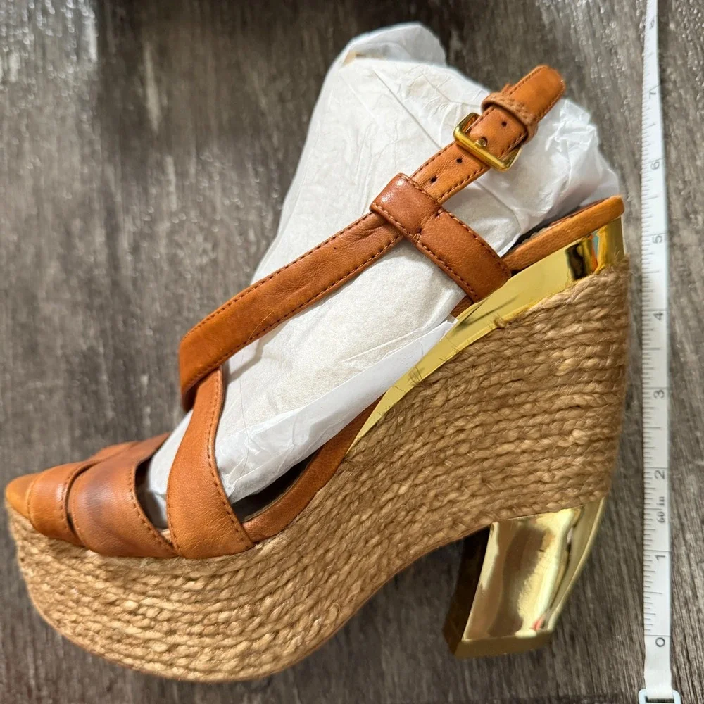 Miu Miu Brown Leather Espadrille Wedge Sandals Gold Accent Heel 34.5 EU / 4.5 US